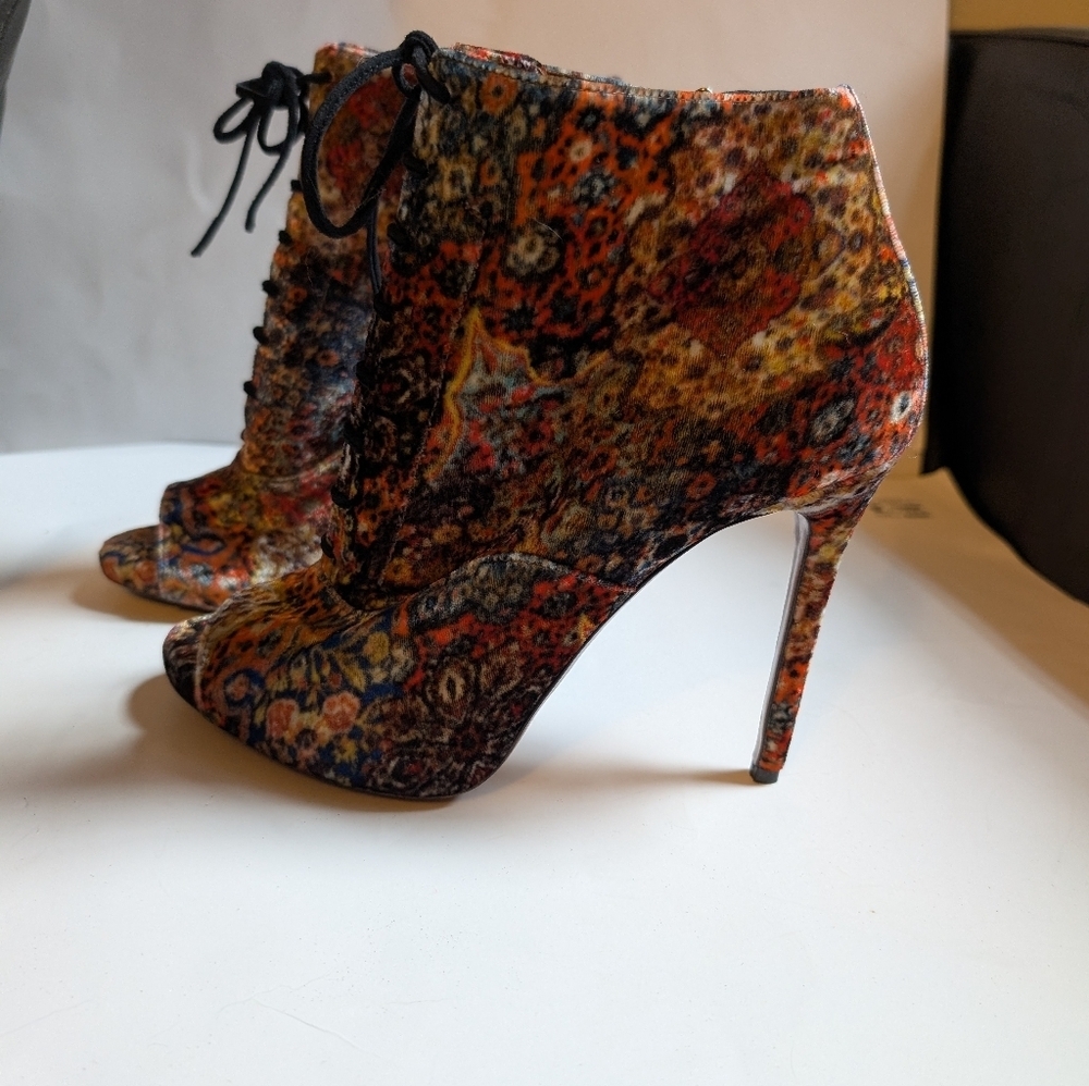 Tabitha Simmons Multicolor Floral Lace up Peep Toe High Heel Booties Size 41 New - Picture 5 of 8